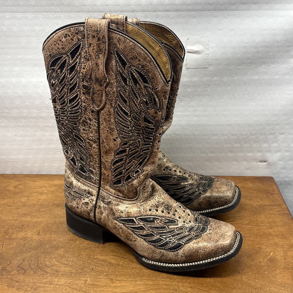 CORRAL Women's Western Boot Cowboy Sequin Wing Cross Inlay Square Toe Brown Teen